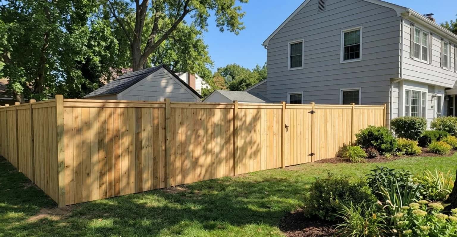 Finished wood privacy fence in a landscaped backyard