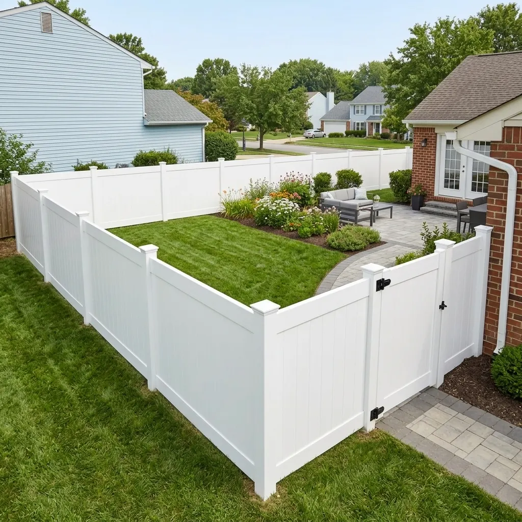 White vinyl fence White vinyl privacy fence around a clean backyard