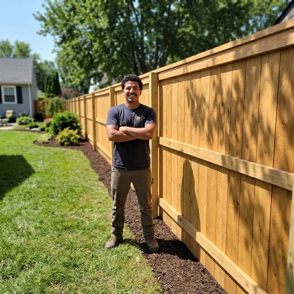 Wood privacy fence A Legacy Handyman installer beside a completed wood privacy fence