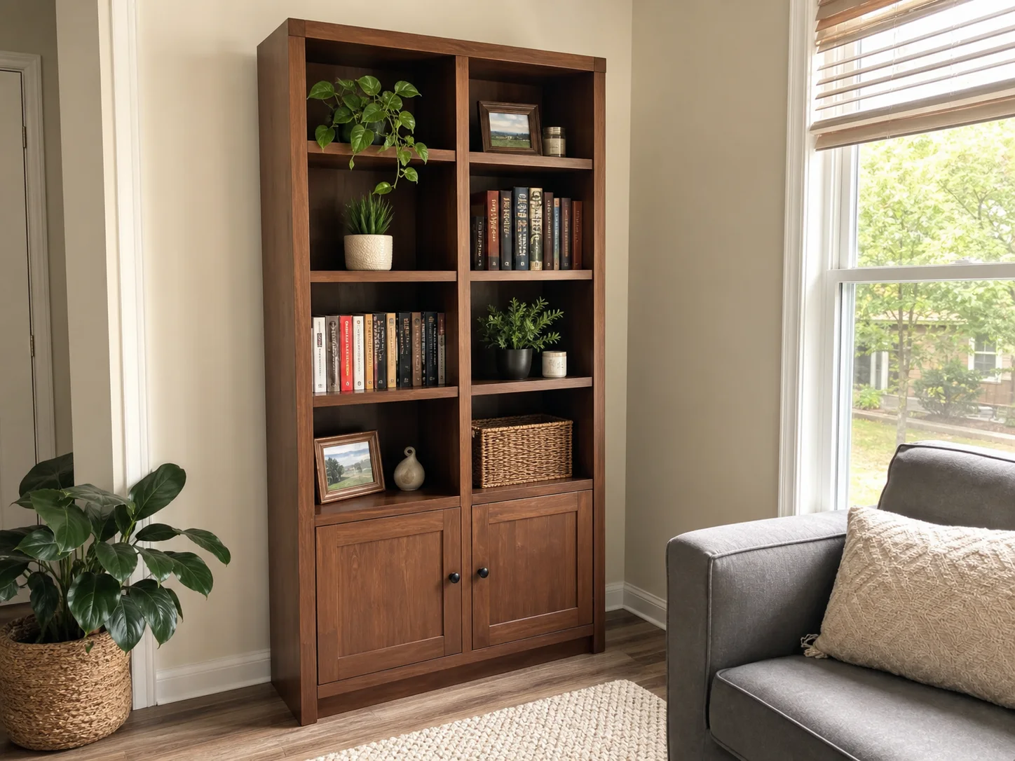Assembled wood bookcase in a finished room