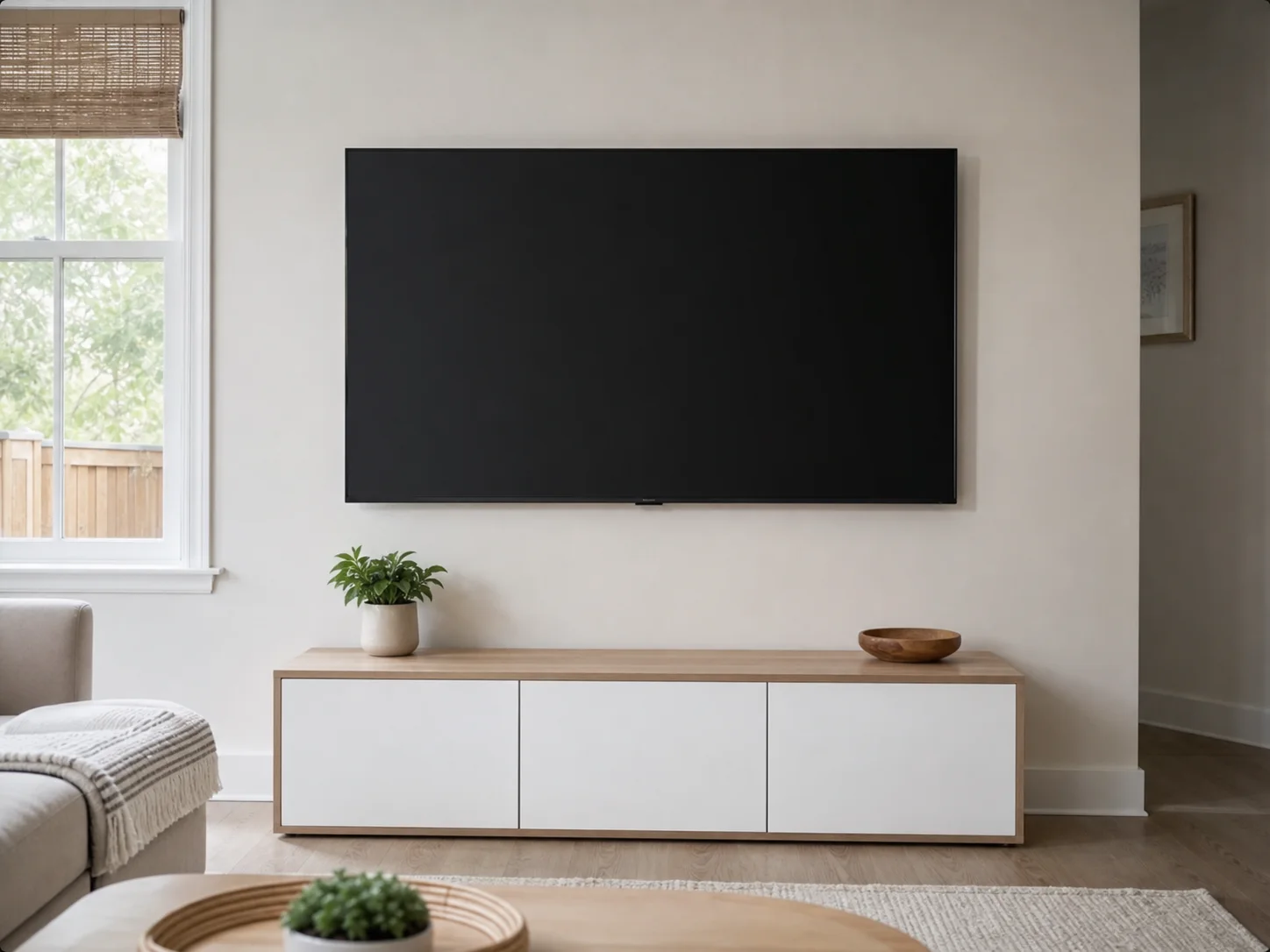 Clean flat-screen TV mounted on a living room wall