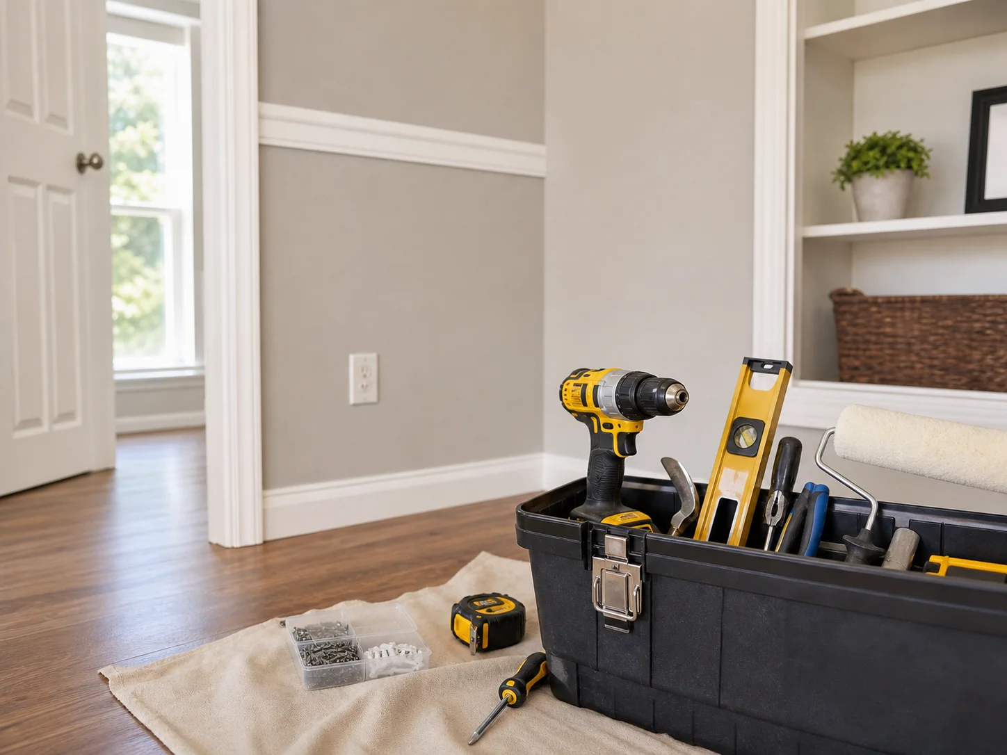 Project details and photo review Organized handyman tools staged for a home repair quote review